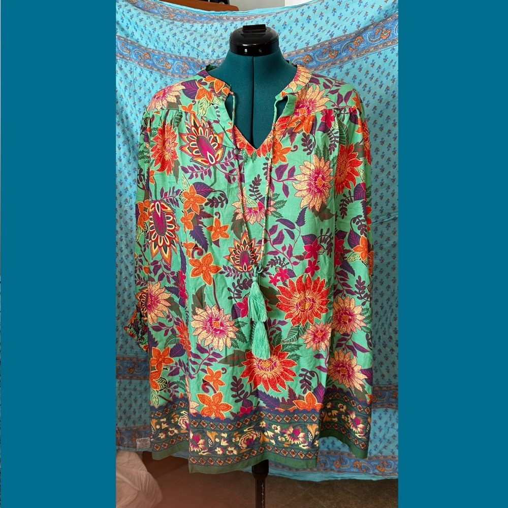 NATURAL LIFE green dress or tunic with Orange, Pink & Purple Floral Print